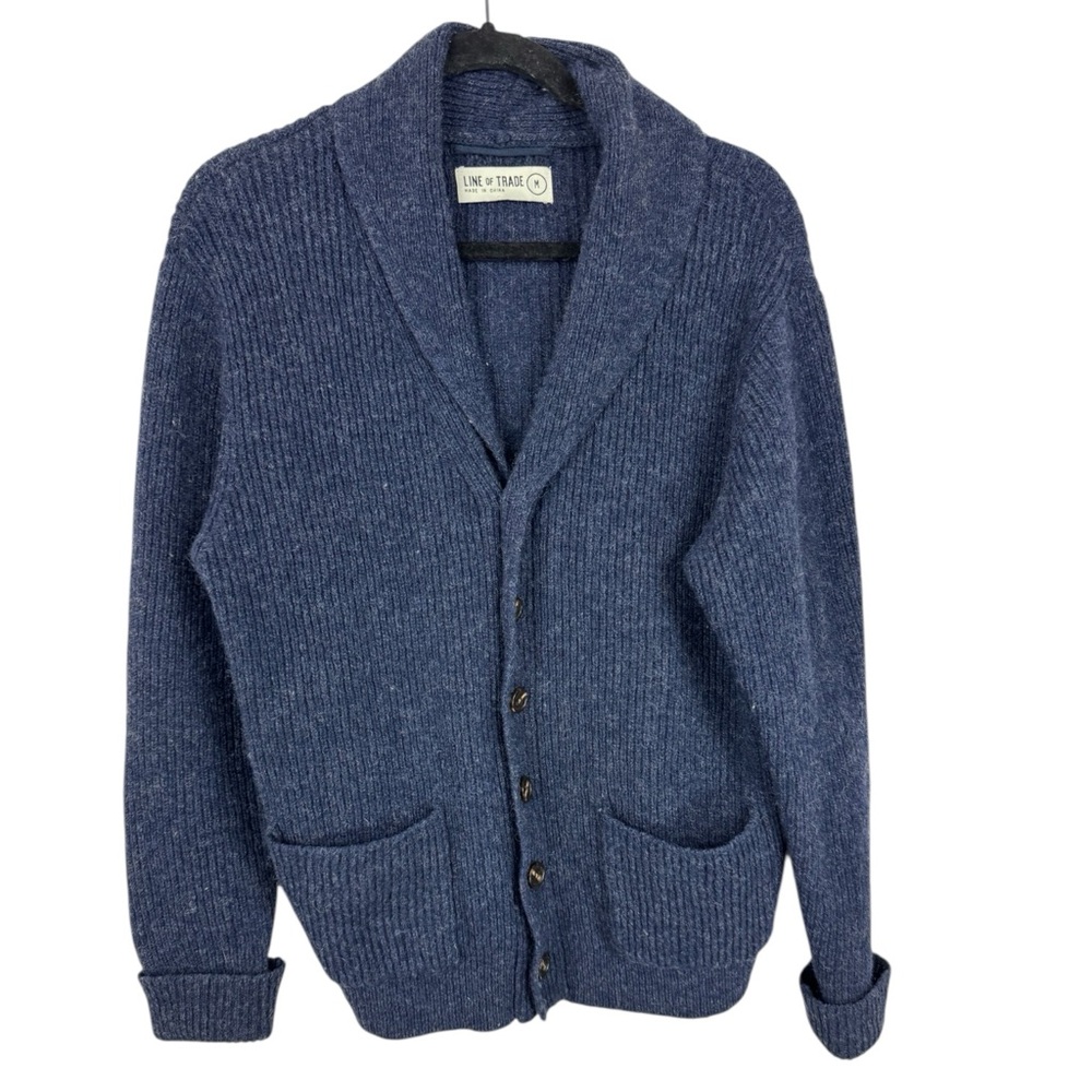 Line of Trade Sweater Mens M Shetland Wool Shawl Collar Cardigan Fisherman Navy